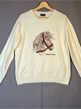 Cream Crewneck Sweater with Brown Horse Graphic Embroidered Leather Detail